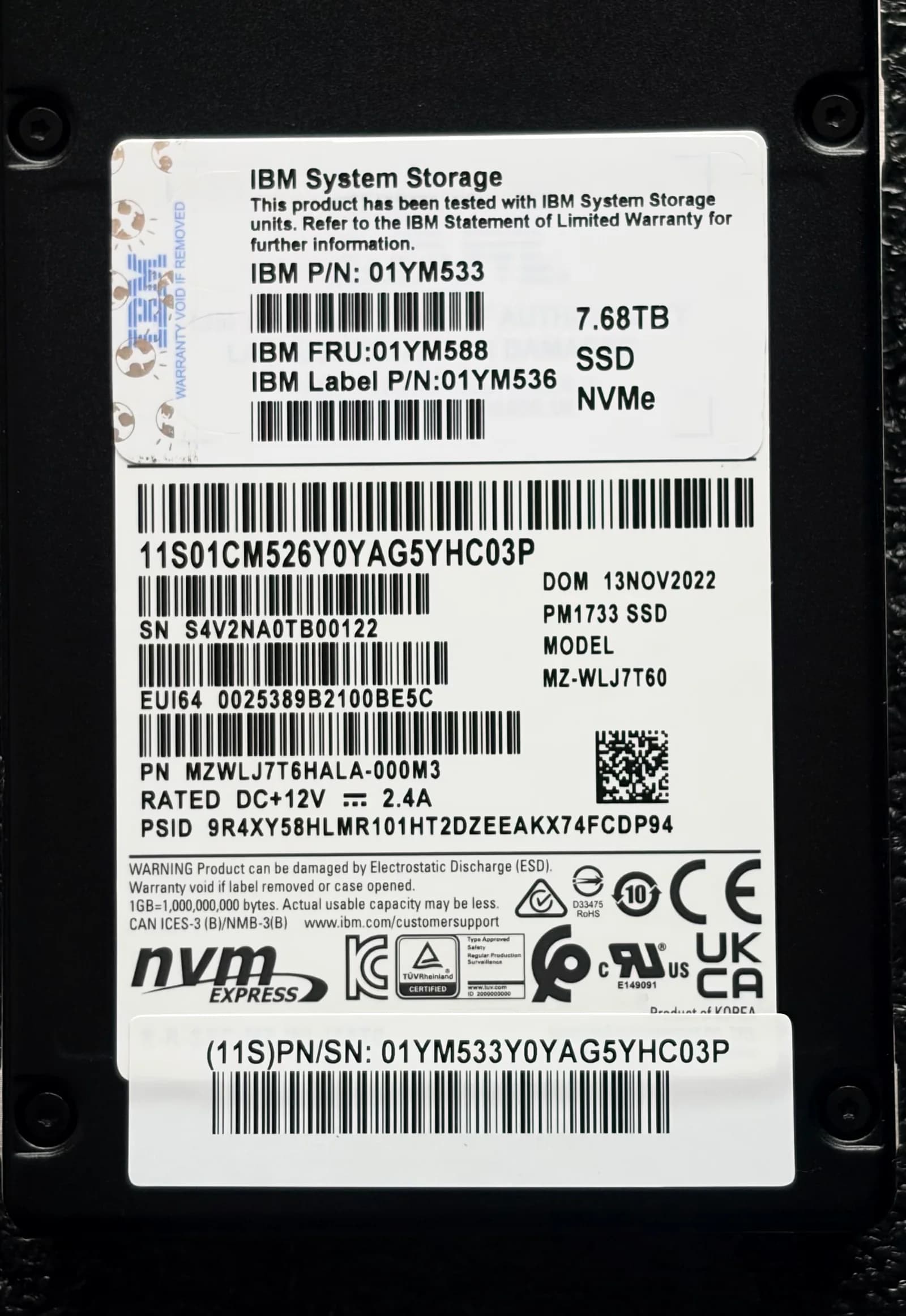 IBM 01YM533 7.68TB NVMe SSD, label side