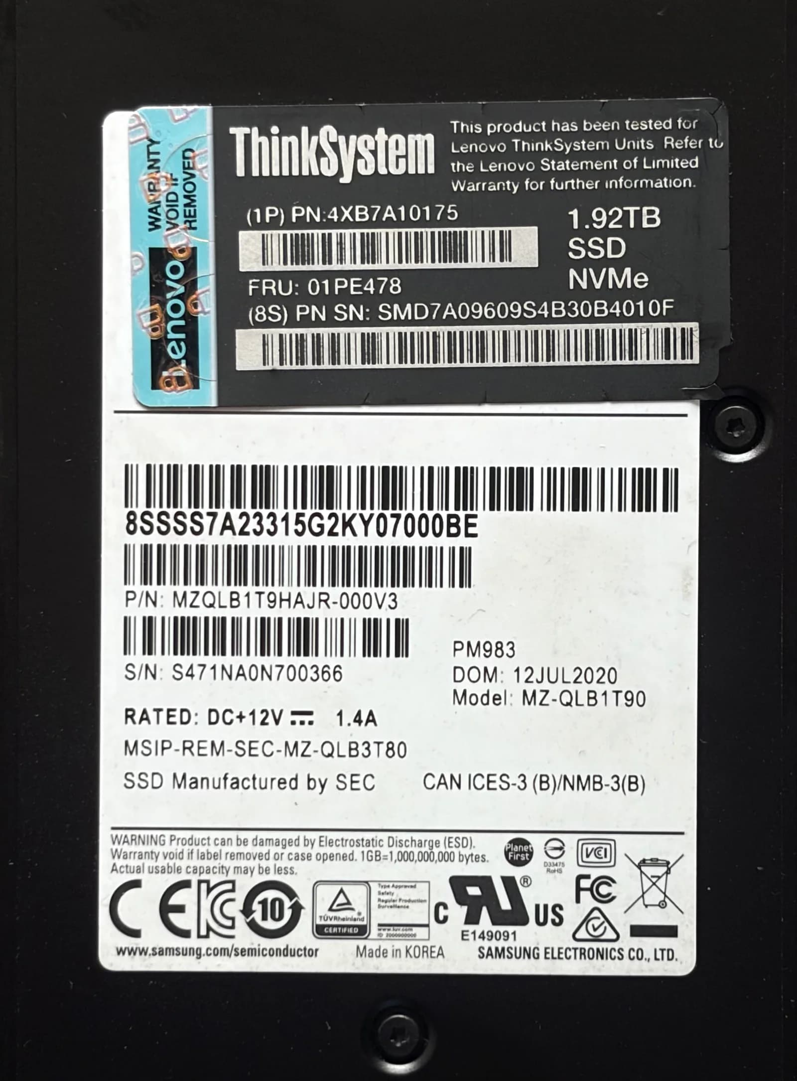 Lenovo ThinkSystem PM983 1.92TB SAS SSD, label side