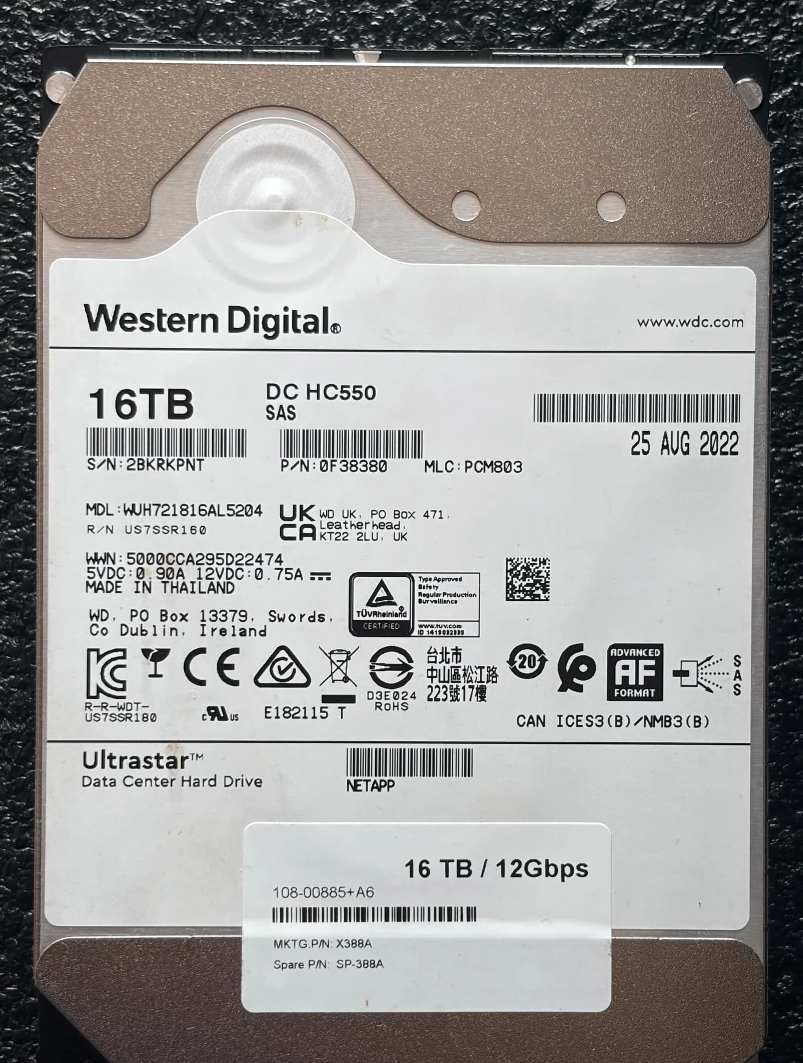 WD Ultrastar DC HC550 16TB SAS HDD, unit A label side