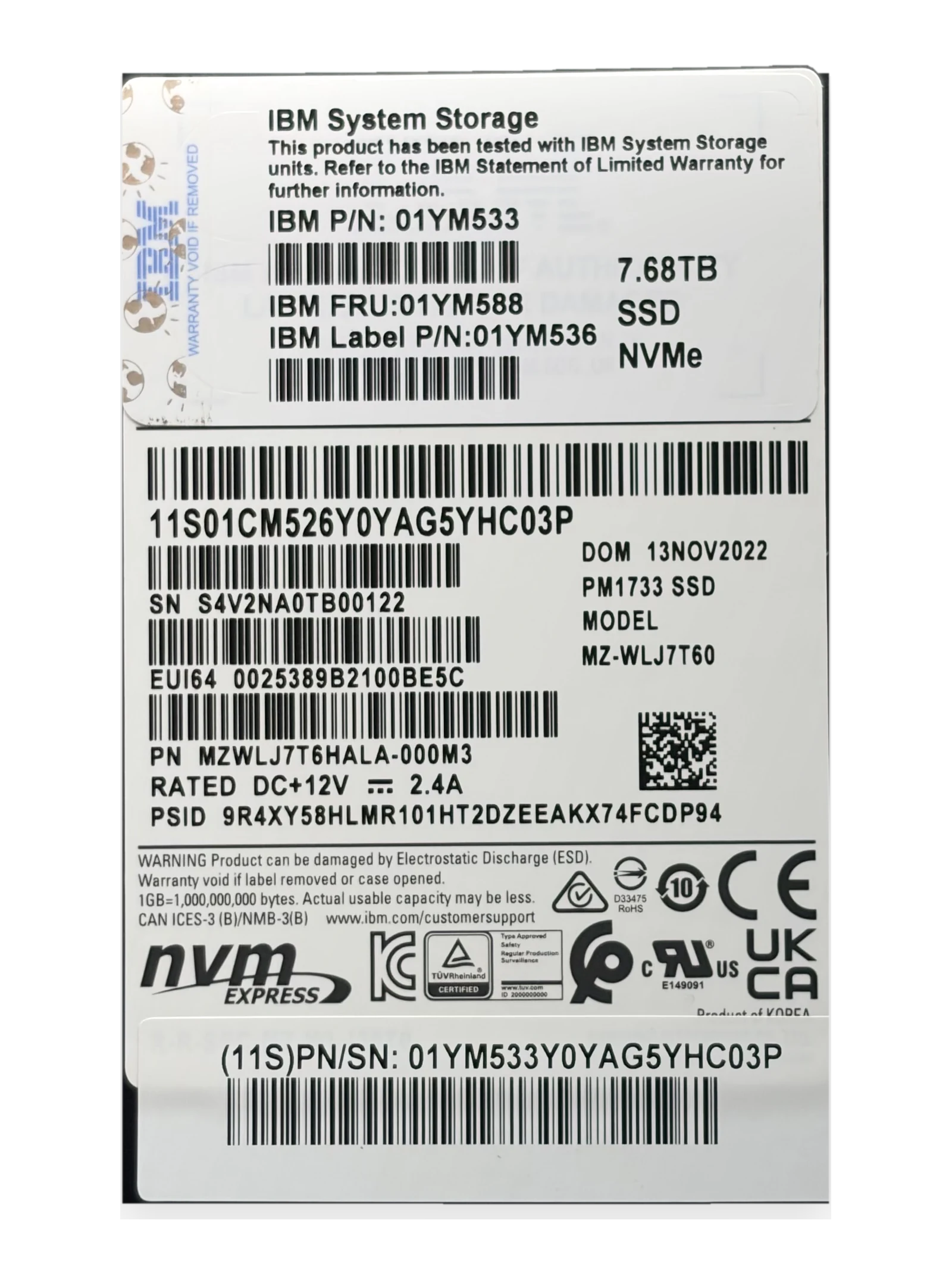 IBM 01YM533 7.68TB NVMe SSD